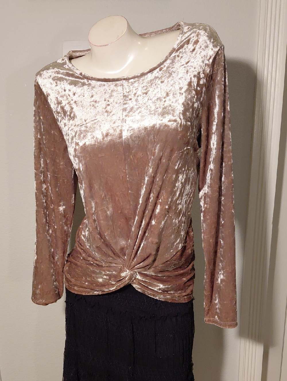Crushed Velvet Long-Sleeve Twist Front Top - Taupe